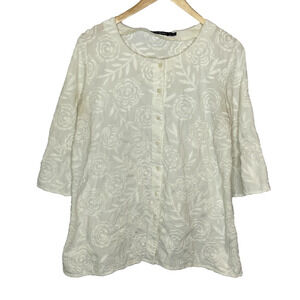 Women's Medium Gudrun Sjoden White Floral Embroidered Button Blouse
